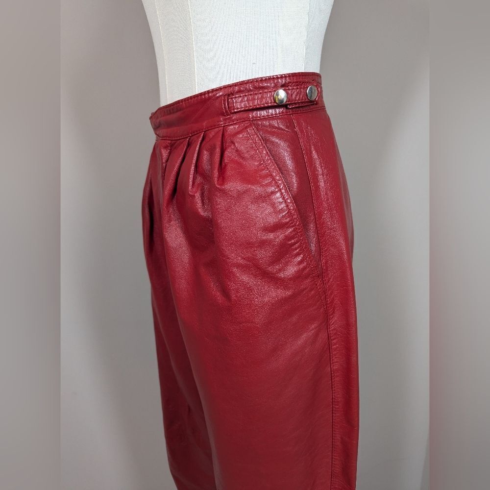 Vintage 80s Red High Waist Genuine Leather Pants Sz 5 Pleated Front - Picture 8 of 8